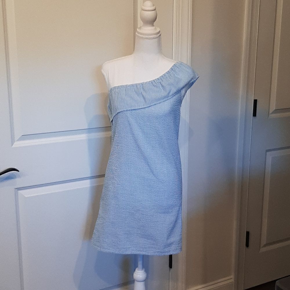 Seersucker Blue and White One Shoulder Dress